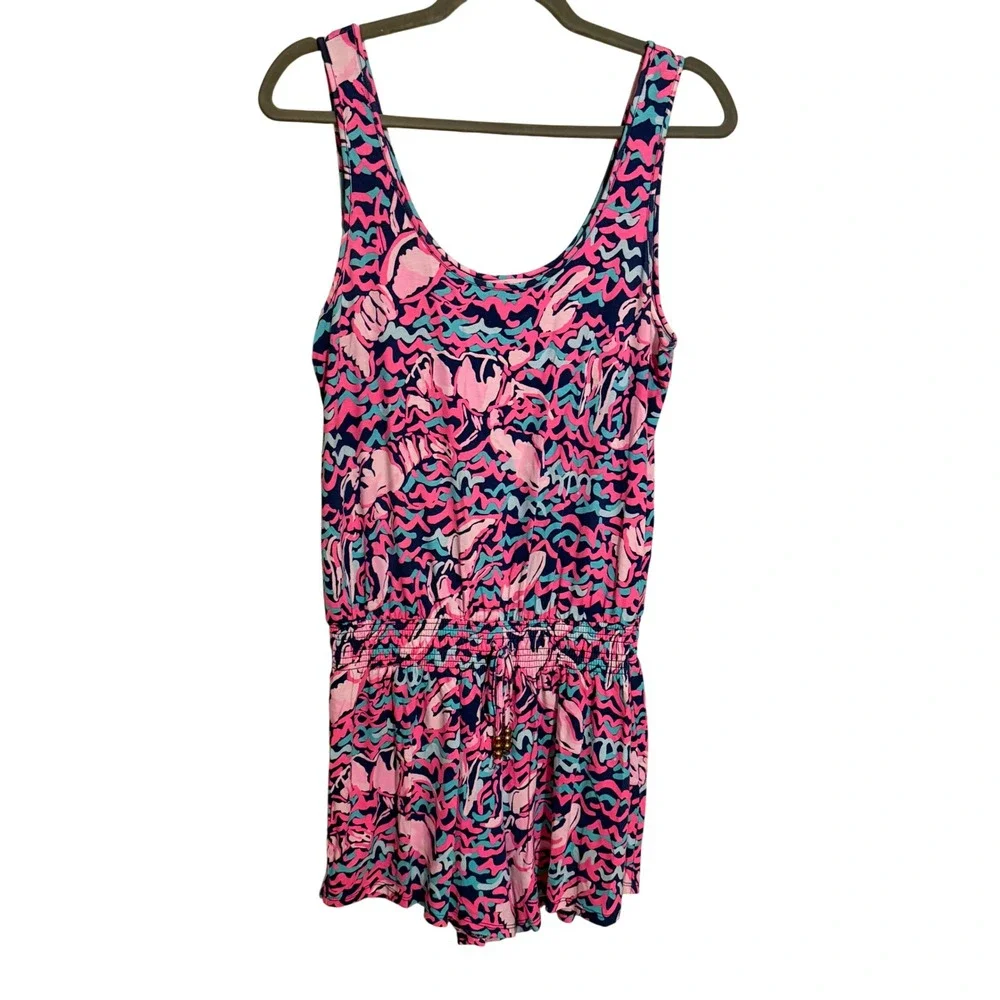 Lilly Pulitzer Tala Pink Blue Lobster Print Sleeveless Romper Small Resort